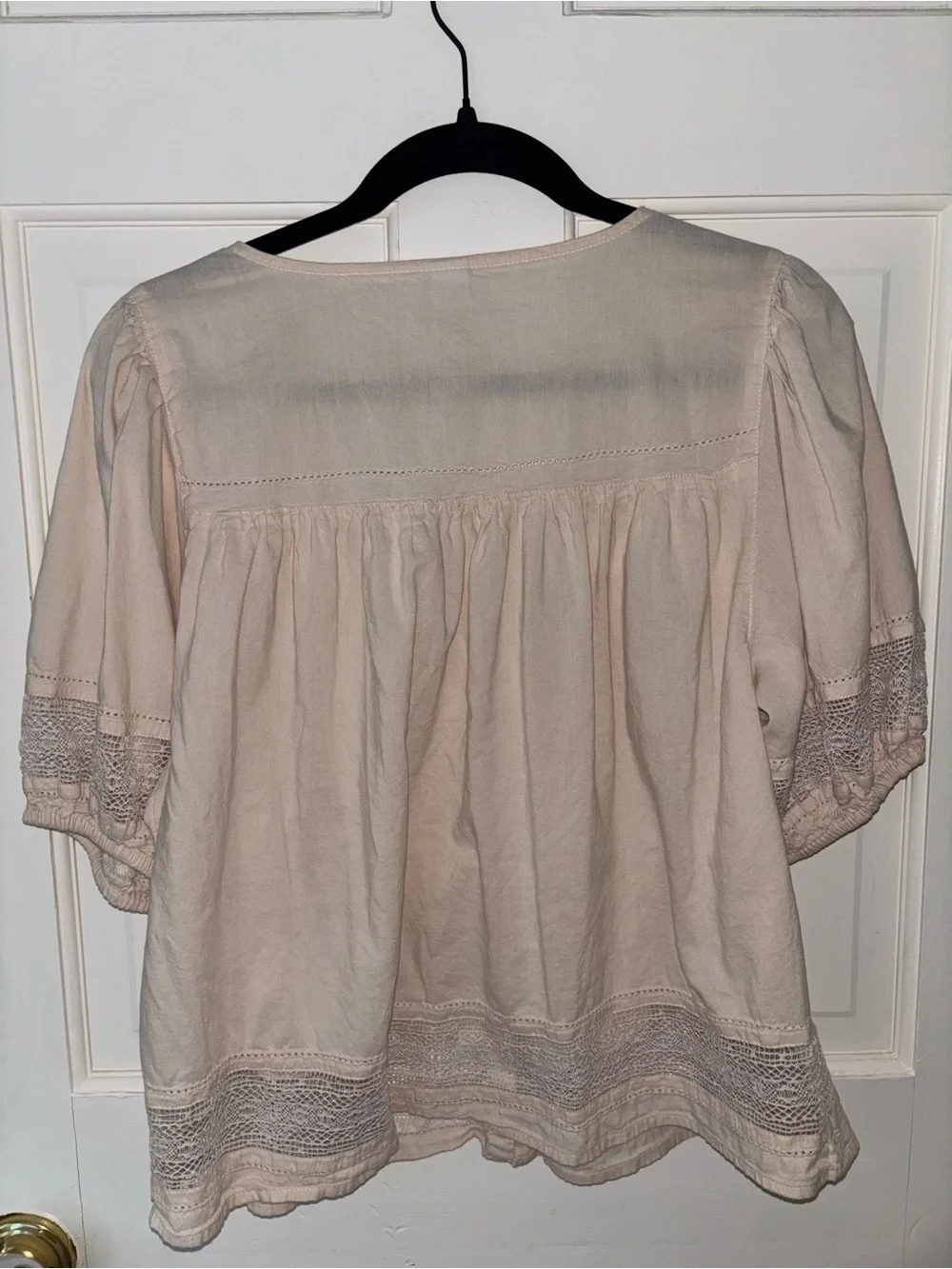 Women's Blush Pink Button-Front Peasant Top with Lace Trim